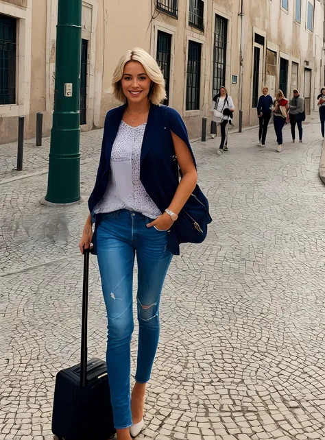 a blonde woman in casual clothing landing for photo, lisbon portugal.