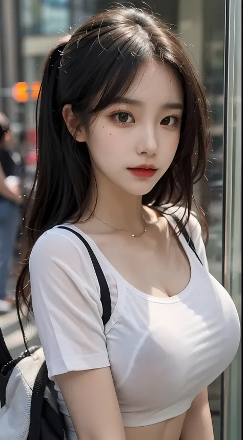 (Obra-prima), the best quality t, 8K resolution, real person, real person, beautiful girl in a white tight T-shirt and black yoga pants, a beauty mole under the corner of her left eye, perfect figure. Her face is depicted in great detail, with her black ha...