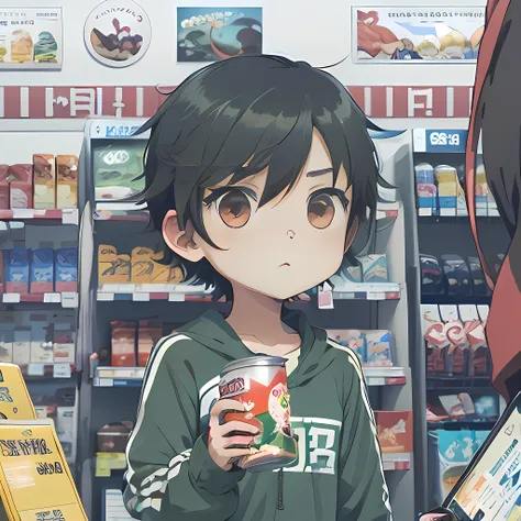 anime image of a man holding a can of food in store, convenience store, anime style, anime style, anime moe art style, stylized ...