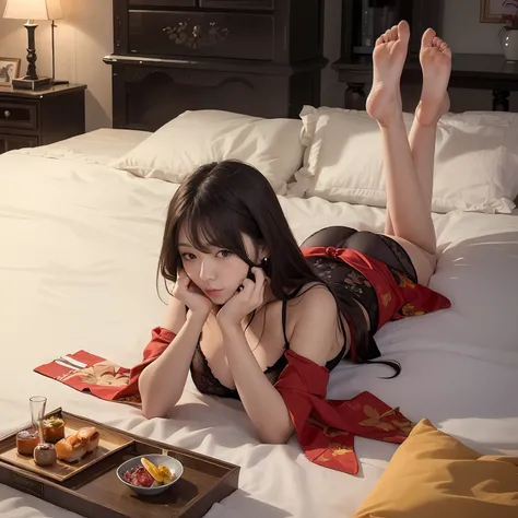 a woman lying on her stomach with her feet up, Kim Nahyun, masterpiece, sexy Korean woman --auto
