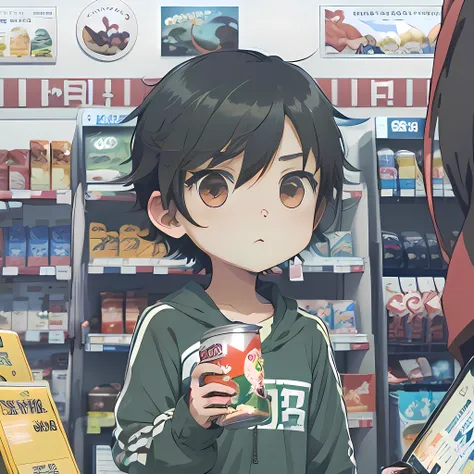 anime image of a man holding a can of food in store, convenience store, anime style, anime style, anime moe art style, stylized ...