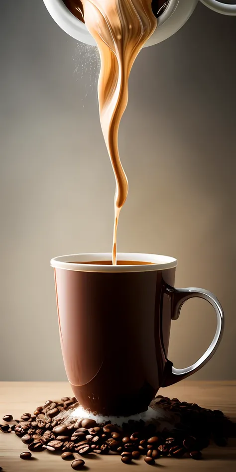 (Liquid Splash Fluid Art:1.2) Gravity-Defying Coffee Pour: A cup of dark, robust coffee suspended in mid-air, the rich, steaming liquid spiraling upwards in a mesmerizing anti-gravity display. The stream of coffee swirls and dances, an enticing aroma wafti...
