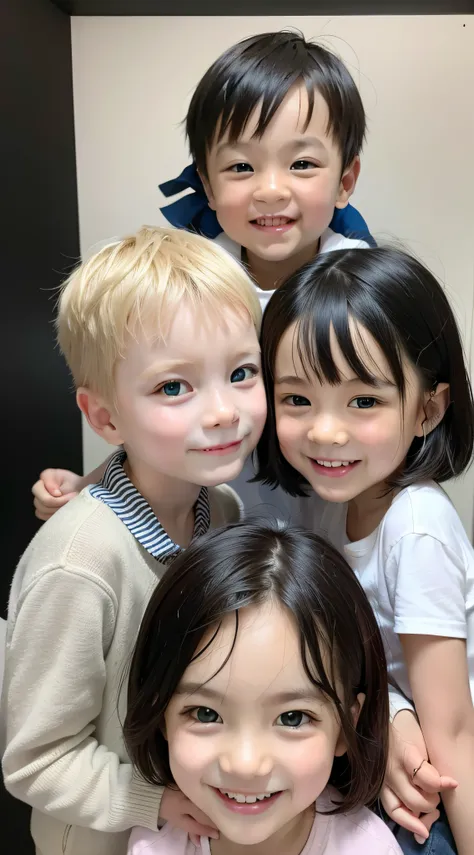 Modern style, more open plan, white background, photo of 5 western children together, cute, one black boy, one smiling girl, one blonde girl, blue eyes, one black hair boy, one blonde boy, flat finger