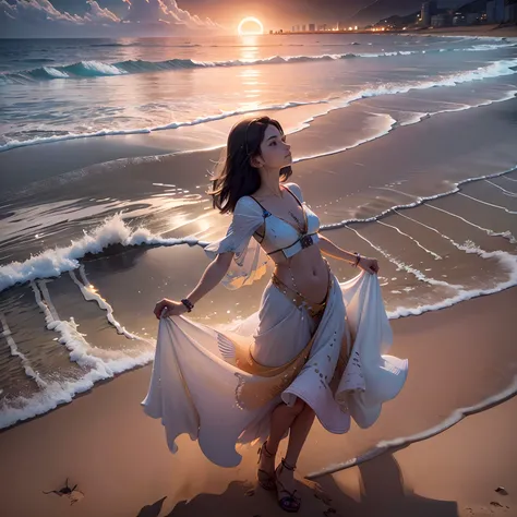 image with a person on an extremely beautiful and transparent beach, with open arms, enjoying the sunset, surrounded by dollar signs or money notes, symbolizing the achievement of financial freedom and the ability to enjoy life with financial independence,...