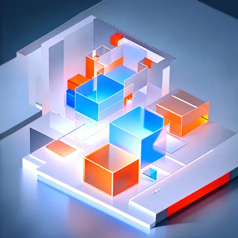 best quality, many details,4k,blender,octane render,C4D,transparent glass texture,DDicon,blue|orange, frosted glass, transparent technology sense, industrial design,white background,studio lighting, sunshine,flat, minimal,quasi-object,axisymmetric,Data,cub...