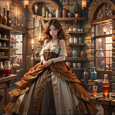 beautiful ginger women in detailed dress at cozy detailed potions shop, air above hair, ipa award wining, masterpiece, best ligh...