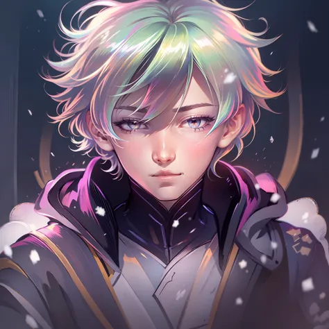 0.7>,anime boy,snow,(male),jacket,diamond,multicolored hair, multicolored eyes