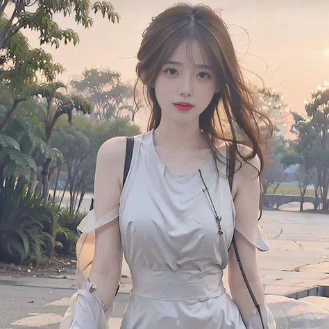 Bright backlight, tan gradient hair, medium breasts, white bubble long dress, super high resolution, best quality, photo, 8k, (realistic: 1.2), 1 girl,