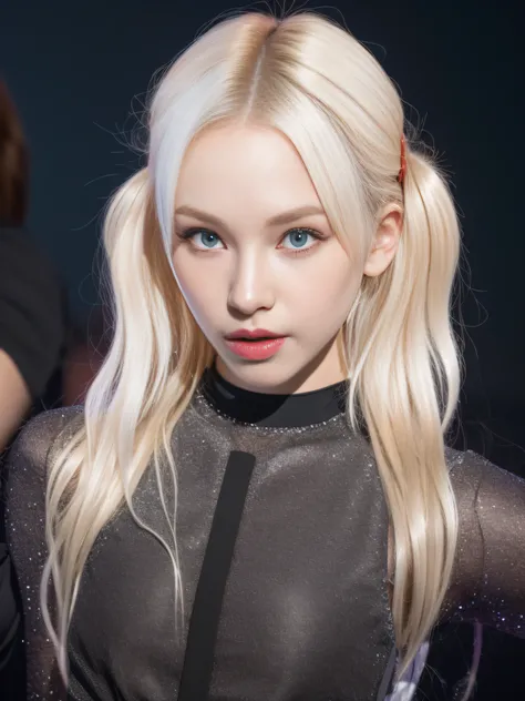 (8K, 4K, Best Quality, Highres, Ultra High Res:1.1), (Masterpiece, Realistic, Photo-Realistic:1.1), 1girl, Face, Close-Up, Twintails, Blonde Hair, Black Eyes, Red Lips, (Looking in Audience: 2), pink suspenders,, ridiculously long hair, long eyelashes, eye...