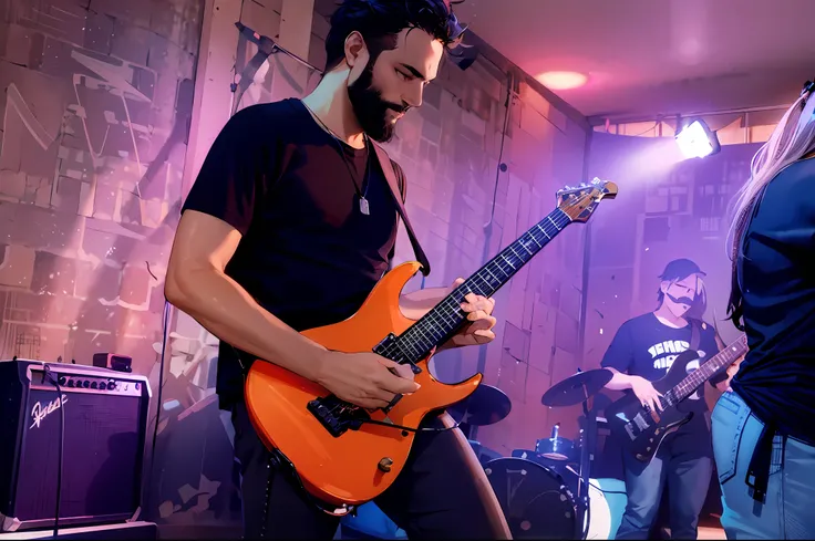 there is a man with black beard and hair and black shirt and pants playing a yellow Ibanez RG350 electric guitar in a room with other people, playing guitar onstage, proto-metal concert, photo rock concert, rocking out, lead guitar,, 8k, 35mm, the hands of...