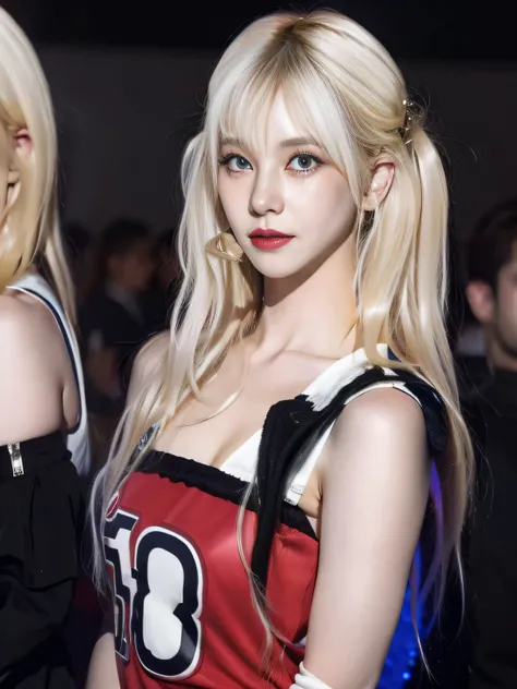 (8K, 4K, Best Quality, Highres, Ultra High Res:1.1), (Masterpiece, Realistic, Photo-Realistic:1.1), 1girl, Face, Close-Up, Twintails, Blonde Hair, Black Eyes, Red Lips, (Looking in Audience: 2), Wearing a trendy football uniform, ridiculously long hair, lo...