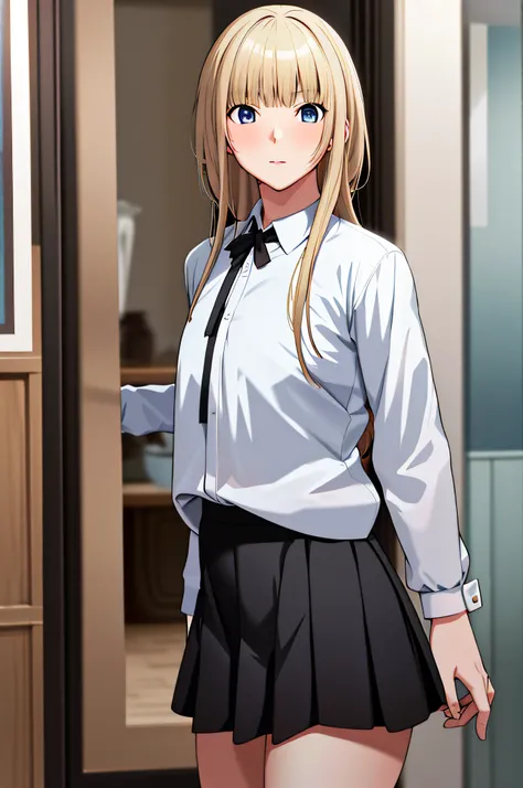 masterpiece, best quality, high resolution, KR1, blue eyes, dull bangs, blonde, (white shirt), (black skirt), (black skirt), socks, small tits, standing, cowboy shot,