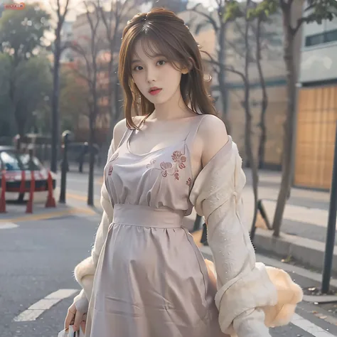 Bright backlight, brown gradient hair, cold expression, medium breasts, white bubble long dress, super high resolution, best quality, photo, 8k, (realistic: 1.2), 1 girl,