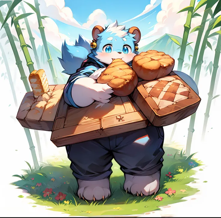 Masterpiece, high quality, absurd resolution, digital painting (artwork), dagassi, yupa, clear mountain, (fluffy fur, blue and white fur, full body fur, bamboo pattern: 1.2), doll, bear, boy, blue eyes, bright eyes, panorama, character focus. Detailed bac...