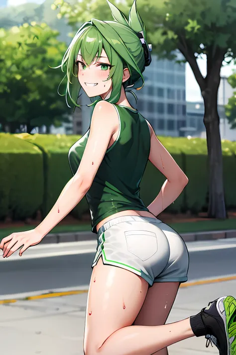 green hair, folded ponytail, fine eyes, green eyes, masterpiece, sweat, soaked, best quality, hi-res, solo, wicked grin, ass fac...