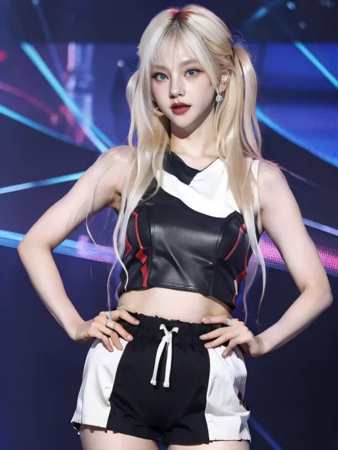 (8K, 4K, Best Quality, Highres, Ultra High Res:1.1), (Masterpiece, Realistic, Photo-Realistic:1.1), 1girl, Face, Close-Up, Twintails, Blonde Hair, Black Eyes, Red Lips, (Looking in Audience: 2), Wearing a trendy football uniform, bare waist, football short...