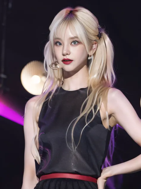 (8K, 4K, Best Quality, Highres, Ultra High Res:1.1), (Masterpiece, Realistic, Photo-Realistic:1.1), 1girl, Face, Close-Up, Twintails, Blonde Hair, Black Eyes, Red Lips, (Looking in Audience: 2), Wearing a trendy football uniform, ridiculously long hair, lo...