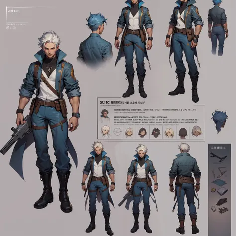 Close-up of a man in a gun costume, ((character concept art)), ((character design sheet, same character, front, side, back)) maple story character art, video game character design, video game character design, maple story gun girl, expert high detail conce...