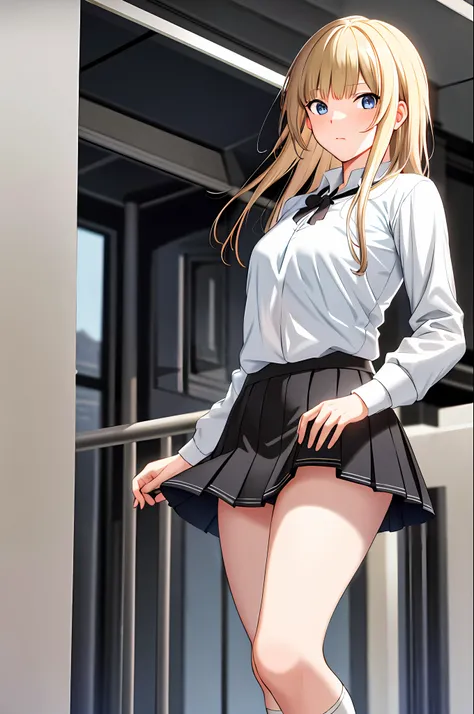 masterpiece, best quality, high resolution, KR1, blue eyes, dull bangs, blonde, (white shirt), (black skirt), (black skirt), pleated skirt, socks, small tits, standing, cowboy shot,