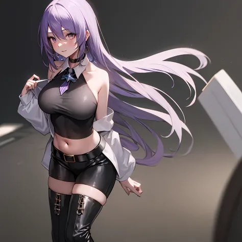 masterpiece, best quality, ultra-detailed, illustration,1girl,moona hoshinova,long hair,purple hair,gradient hair,colored inner hair,purple eyes,black shirt,crop top,shorts,bike shorts,black shorts,large breasts,collared shirt,thigh boots,black footwear,,b...