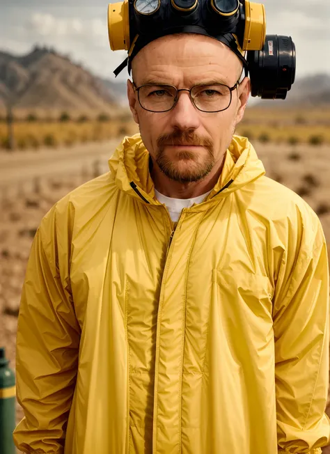 a stunning intricate full colour upper body photo of man wearing glasses, (wearing a yellow lab coat and a gas mask on the head)...