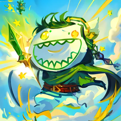 Cartoon characters flying in the sky with sword and green cloak, heroes 2.5D fan art art, sword of the wind, mobile game art, zelda style art, league of legends style art, game art!,league of legends art style, game art, dofus, in Hearthstone art style, ep...