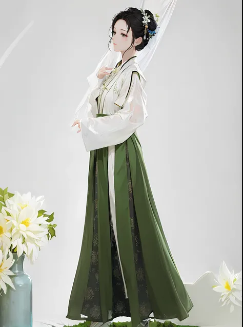 arafed woman in a green and white dress standing next to a vase of flowers, hanfu, wearing ancient chinese clothes, traditional chinese clothing, white hanfu, with acient chinese clothes, palace , a girl in hanfu, inspired by Emperor Huizong of Song, inspi...