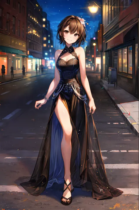 ((best quality, 8k, masterpiece :1.3)), 1girl, smiling, full body, slim face, pretty woman, (dark brown hair), full length dress...