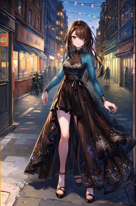 ((best quality, 8k, masterpiece :1.3)), 1girl, smiling, full body, slim face, pretty woman, (dark brown hair), full length dress...