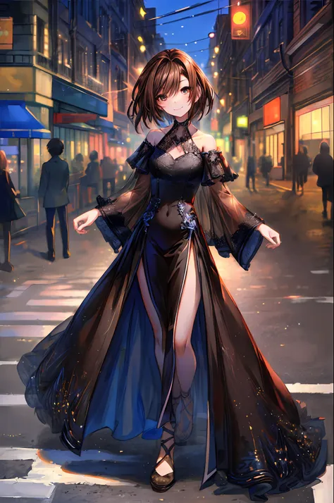 ((best quality, 8k, masterpiece :1.3)), 1girl, smiling, full body, slim face, pretty woman, (dark brown hair), full length dress...