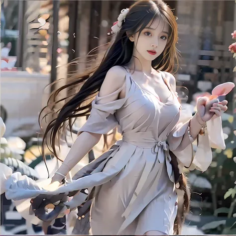 Bright backlight, brown gradient hair, cold expression, medium breasts, white bubble long dress, super high resolution, best quality, photo, 8k, (realistic: 1.2), 1 girl,