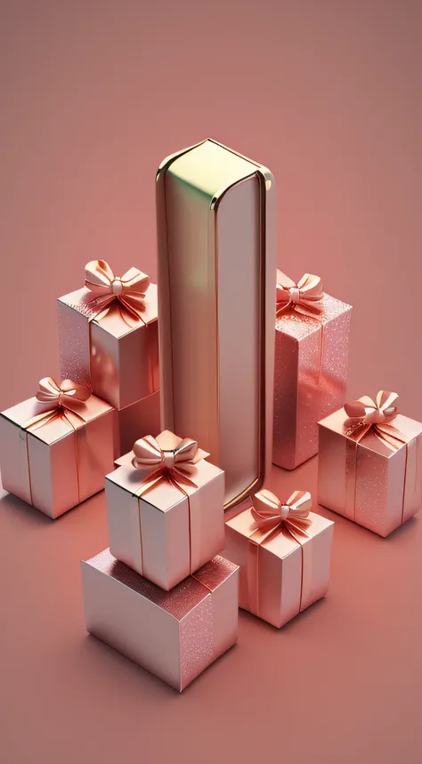 Mobile phone model, stage, multiple gift boxes, background is a magic background, c4D, detail rendering, clay texture