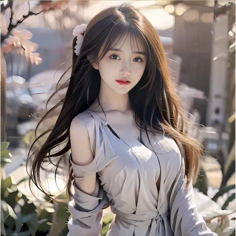 Bright backlight, brown gradient hair, cold expression, medium breasts, white bubble long dress, super high resolution, best quality, photo, 8k, (realistic: 1.2), 1 girl,