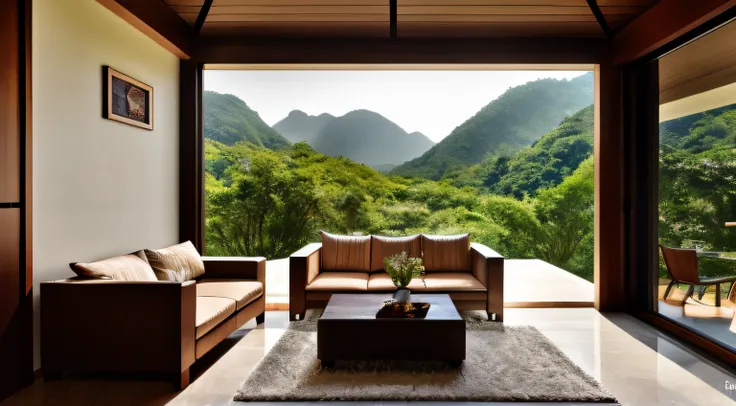 Interior design, amazingly detailed wide angle architectural photography, cozy designer living room (warm bright sunlight 1:0.1), award-winning contemporary interior design, landscape, table, chair, interior, hardwood floor, window, restaurant, east asian ...