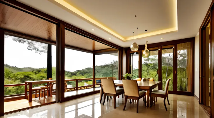 Interior design, amazingly detailed wide angle architectural photography, cozy designer living room (warm bright sunlight 1:0.1), award-winning contemporary interior design, landscape, table, chair, interior, hardwood floor, window, restaurant, east asian ...