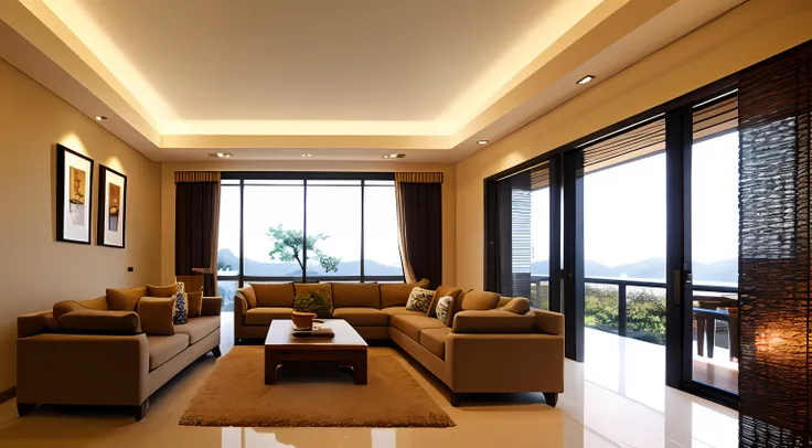 Interior design, amazingly detailed wide angle architectural photography, cozy designer living room (warm bright sunlight 1:0.1), award-winning contemporary interior design, landscape, table, chair, interior, hardwood floor, window, restaurant, east asian ...