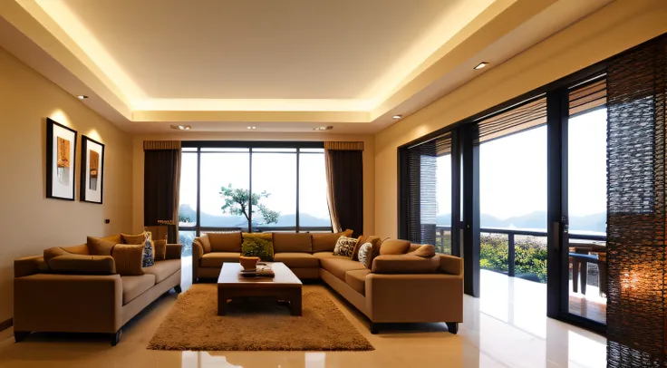 Interior design, amazingly detailed wide angle architectural photography, cozy designer living room (warm bright sunlight 1:0.1), award-winning contemporary interior design, landscape, table, chair, interior, hardwood floor, window, restaurant, east asian ...
