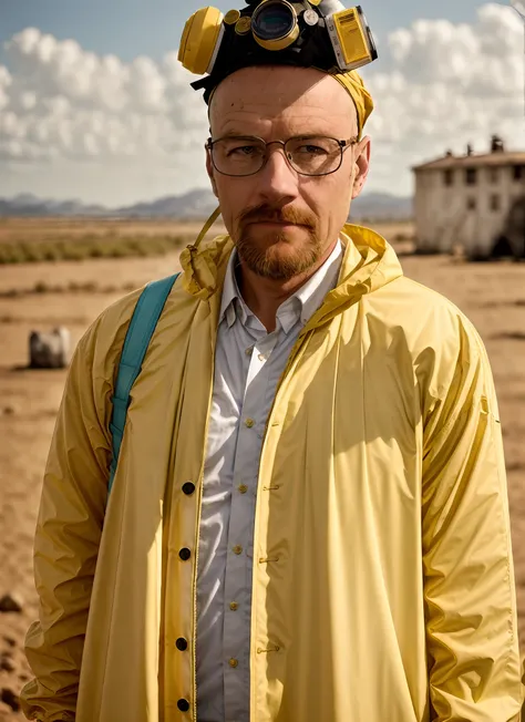 a stunning intricate full colour upper body photo of man wearing glasses, (wearing a yellow lab coat and a gas mask on the head)...