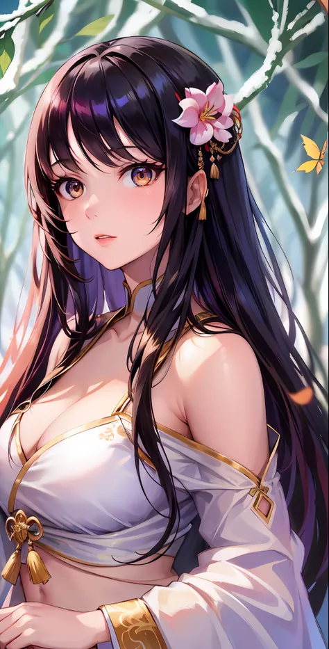 There is a woman in white dress, wild snow scene, a girl in Hanfu, Hanfu, Chinese girl, Chinese woman, Chinese style, white Hanfu, red shawl, snowing, distant scene one A peach blossom tree, full of peach blossoms, a few villages of peach blossoms stretch...