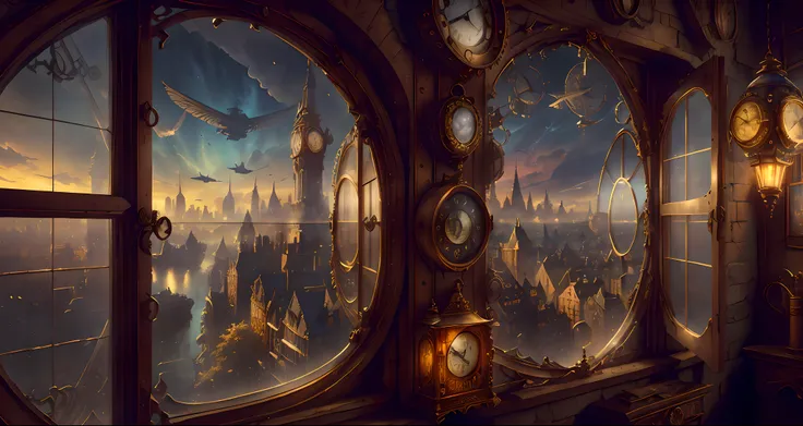 there is a ((large open window)). through the window is a highly detailed and ultra-realistic steampunk cityscape. the cityscape...