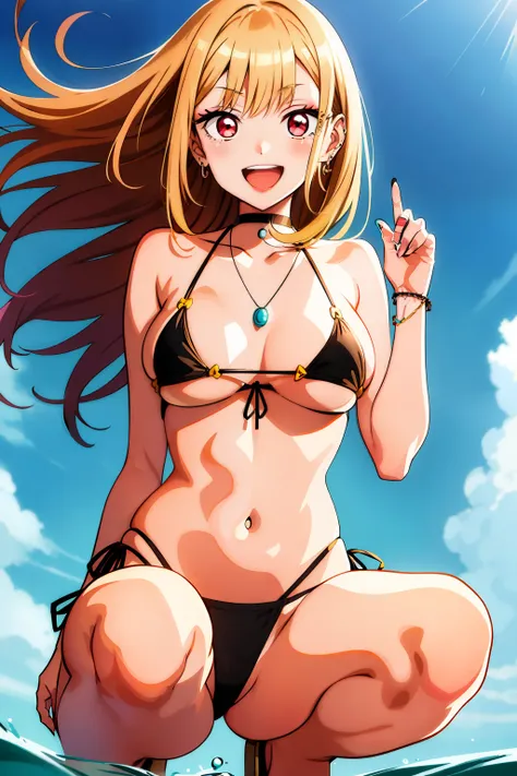 kitagawa marin, kitabkn, squatting, wind lift, floating hair, :d, hand outreach, masterpiece, best quality, highly detailed, micro bikini