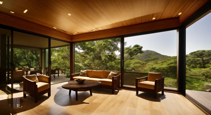 Interior design, amazingly detailed wide angle architectural photography, cozy designer living room (warm bright sunlight 1:0.1), award-winning contemporary interior design, landscape, table, chair, interior, hardwood floor, window, restaurant, east asian ...