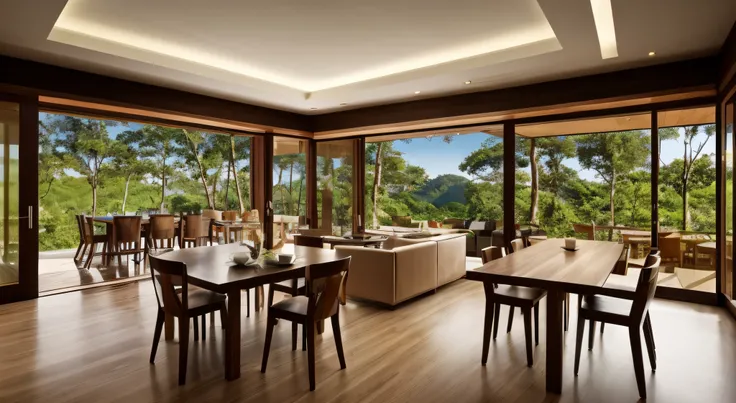 Interior design, amazingly detailed wide angle architectural photography, cozy designer living room (warm bright sunlight 1:0.1), award-winning contemporary interior design, landscape, table, chair, interior, hardwood floor, window, restaurant, east asian ...