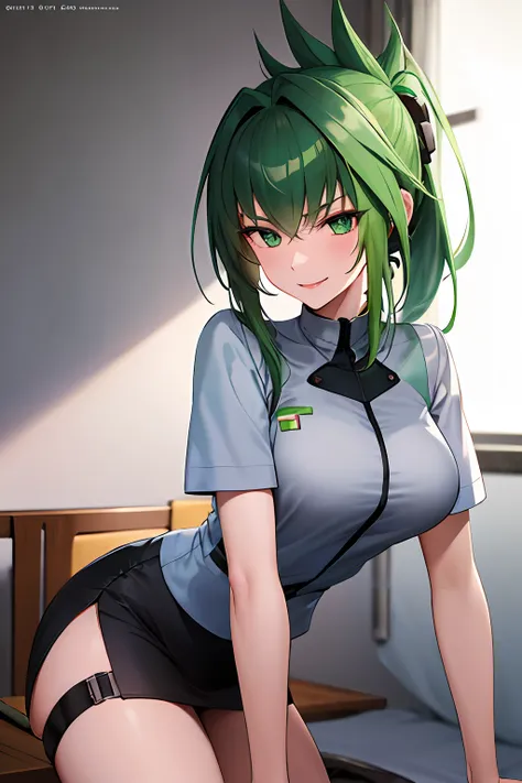 masterpiece, best quality, high resolution, one girl, evil smile, evil smile, evil plan, green hair, black nurse clothes, folded...