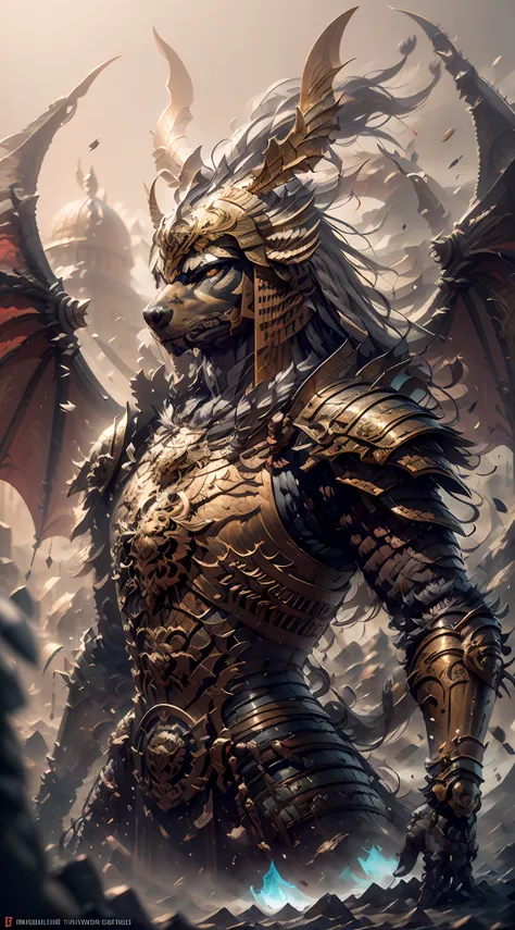 (full body complex armor: 1.2), (full body blood: 3) there is a digital painting of an animal with a golden head and horns, port...