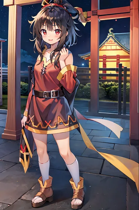 (masterpiece), (best quality), girl (megumin_konosuba), ((ultra-detailed)), short hair, black hair, red eyes (highly detailed CG illustration), happy, full body, in Japan temple, at night