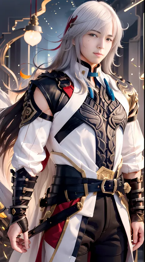 jing yuan(hsr), full body, hair over one eye, 1boy, long hair, white hair, closed mouth, solo, upper body, looking at viewer, sm...