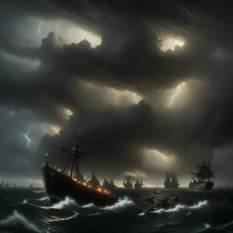 (highly detailed:1.2),(best quality:1.2),(8k:1.0),(emb-rrf-low:1.0),sharp focus,(award-winning photograph:1.2), (subsurface scattering:1.1), painting of a boat with people on it in a stormy sea, dramatic concept art, epic naval battle, a sea battle, dramat...