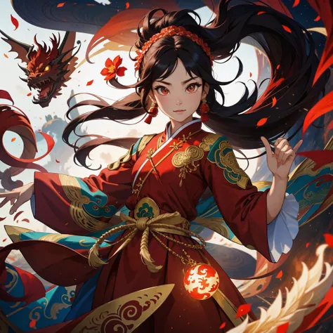 1girl, liuyun, fire ball, long hair, floating hair, hair flower, eastern dragon, red and white, upper body, looking at viewer,