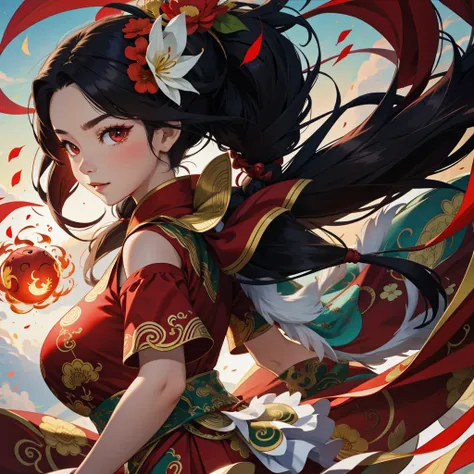 1girl, liuyun, fire ball, long hair, floating hair, hair flower, eastern dragon, red and white, upper body, looking at viewer,